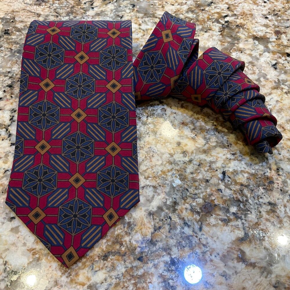 KARL LAGERFELD Men's Silk VTG.Necktie USA Designer Geometric Burgundy/Blue/ Tan